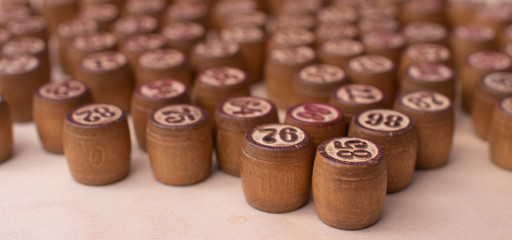 Old Wooden Lotto barrels. Table Game Bingo