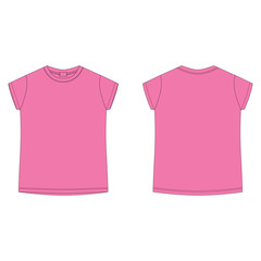 Bright pink cotton t-shirt blank template. Children's technical sketch tee shirt isolated on white background. Front and back.