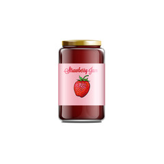 Strawberry jam in glass jar - realistic mockup of sweet red jelly container