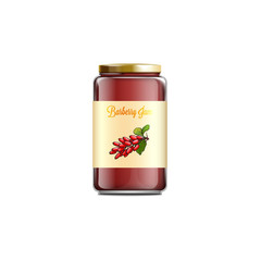 Red barberry jam in realistic glass jar - isolated mockup on white background.