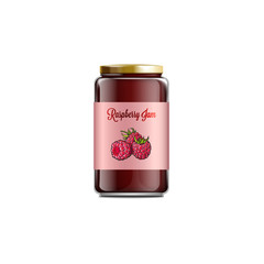 Raspberry jam glass jar labeled realistic vector template illustration isolated.
