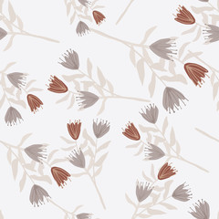 Random seamless pattern with flowers. Pastel grey and maroon tulips on light background. Stylized floral backdrop.