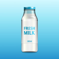 Glass bottle labeled with fresh milk tag 3d realistic vector illustration on blue.