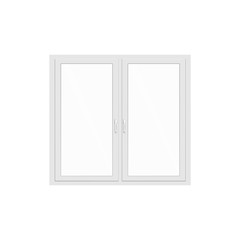 Realistic white double window pane frame with blank glass and opening cranks