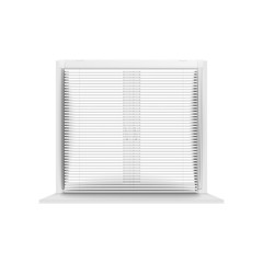Blank window frame seen through horizontal jalousie blind stripes
