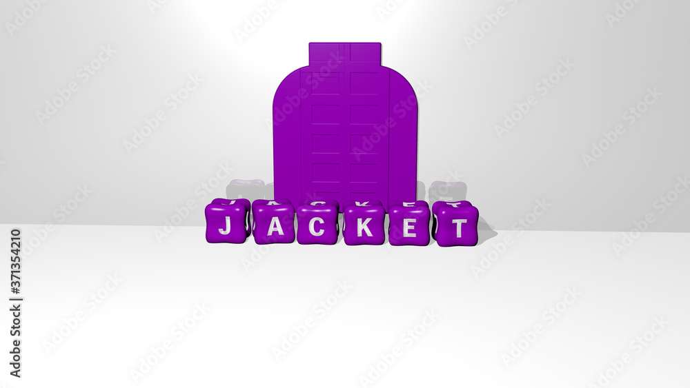 Poster 3d representation of jacket with icon on the wall and text arranged by metallic cubic letters on a m