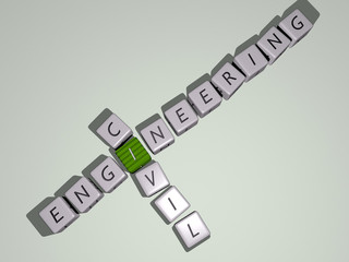 engineering civil crossword by cubic dice letters - 3D illustration for construction and background