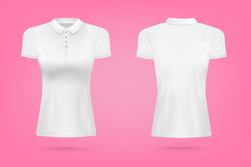 White women's polo T-shirt - realistic blank mockup on pink background.