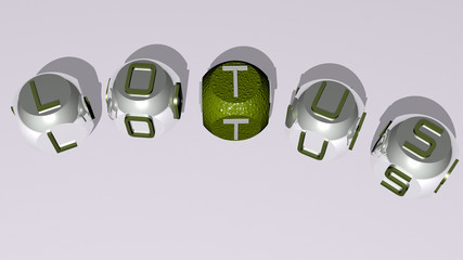 LOTUS curved text of cubic dice letters - 3D illustration for flower and background