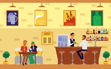 Cartoon couple having a drink in cafe - modern bar interior banner