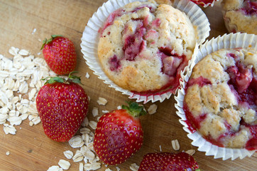 Top View of Freshly Baked Delicious Strawberry, Banana and Oats Muffins