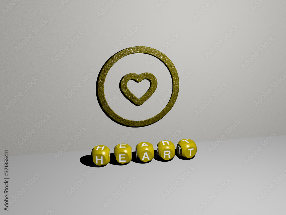 Poster 3d graphical image of heart vertically along with text built by metallic cubic letters from the top 