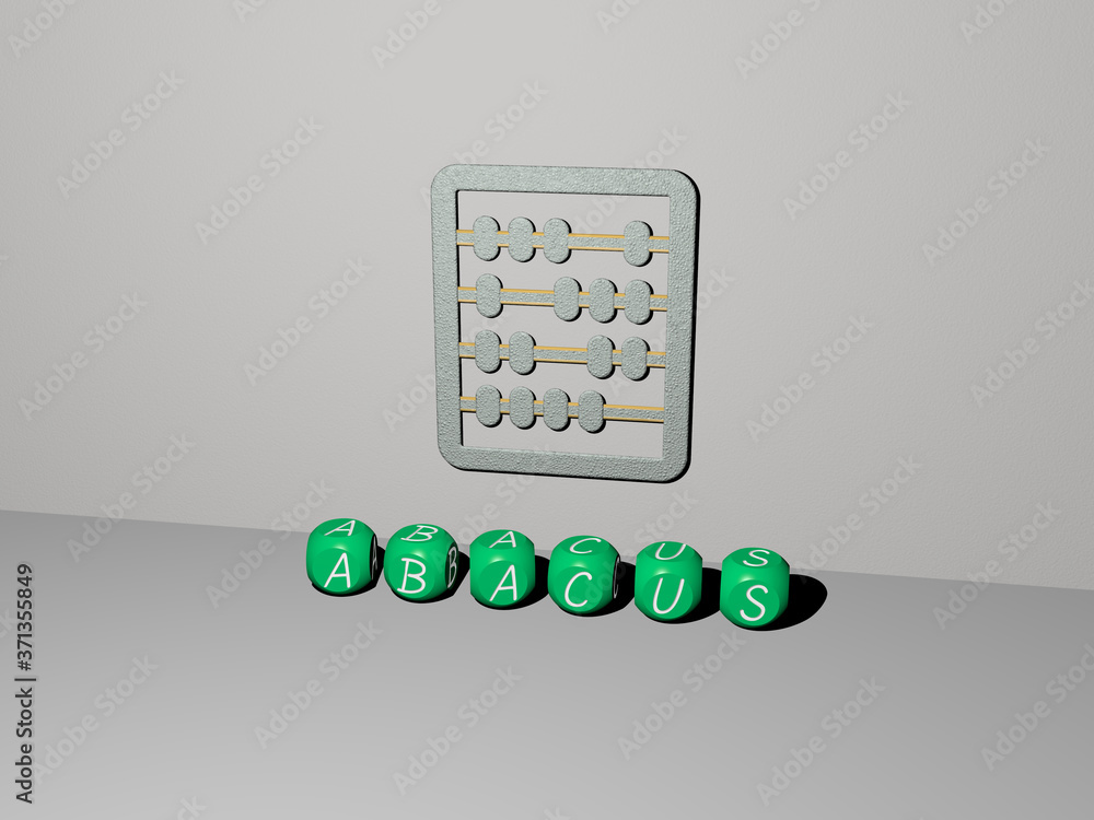 Poster 3d graphical image of abacus vertically along with text built by metallic cubic letters from the top