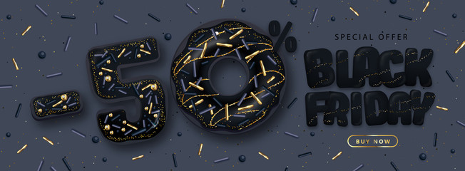 Black friday big sale poster with black sweet donuts on dark background