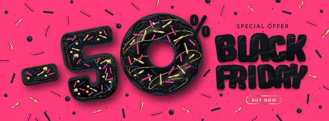 Black friday big sale poster with black sweet donuts on pink background