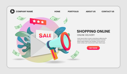 Shopping online illustration concept with megaphone Application Vector 3d.