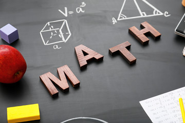 Word MATH and stationery on school blackboard