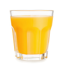 Glass of fresh orange juice on white background