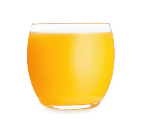 Glass of fresh orange juice on white background