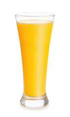 Glass of fresh orange juice on white background