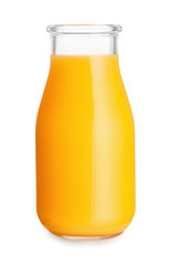 Bottle of fresh orange juice on white background