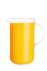 Jug of fresh orange juice on white background