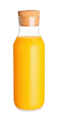 Bottle of fresh orange juice on white background