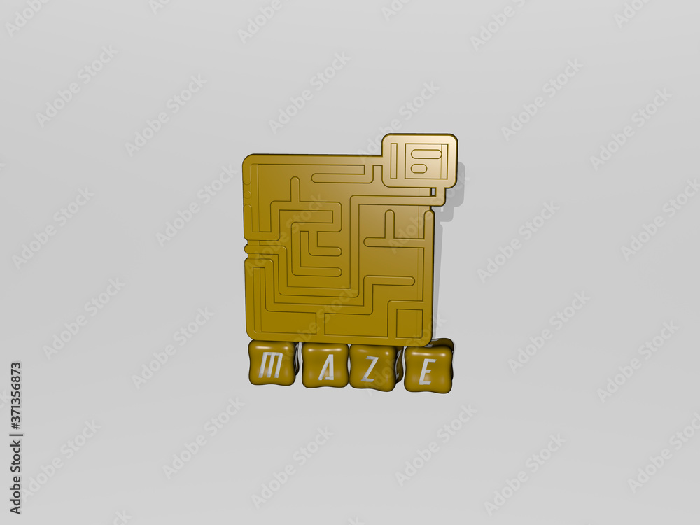 Poster maze 3d icon object on text of cubic letters - 3d illustration for labyrinth and background