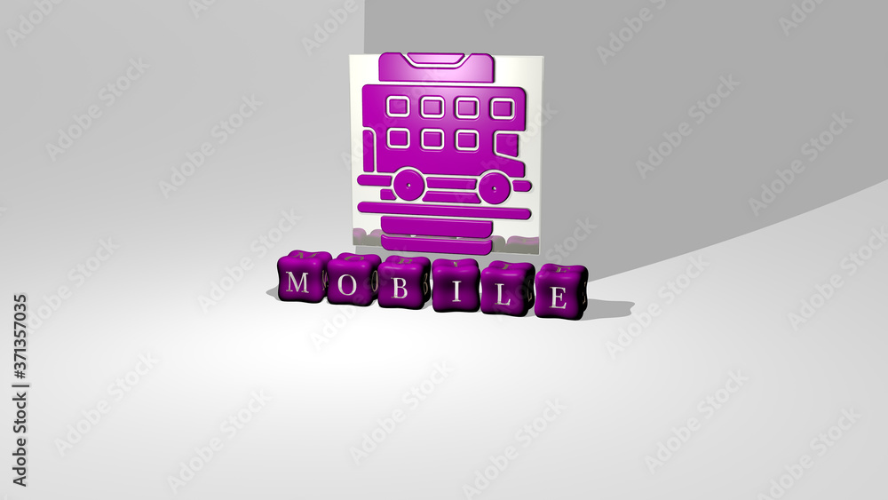 Poster 3d illustration of mobile graphics and text made by metallic dice letters for the related meanings o