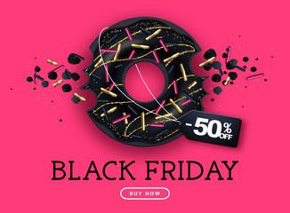 Black friday big sale poster with black sweet donuts on pink background