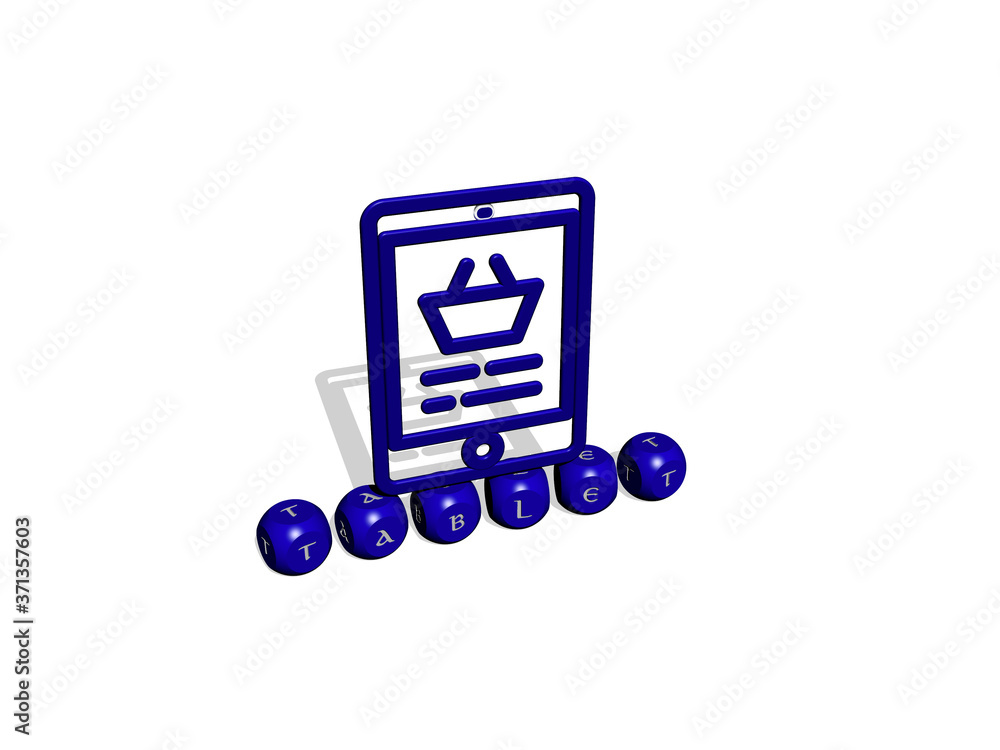 Poster tablet cubic letters with 3d icon on the top - 3d illustration for computer and digital