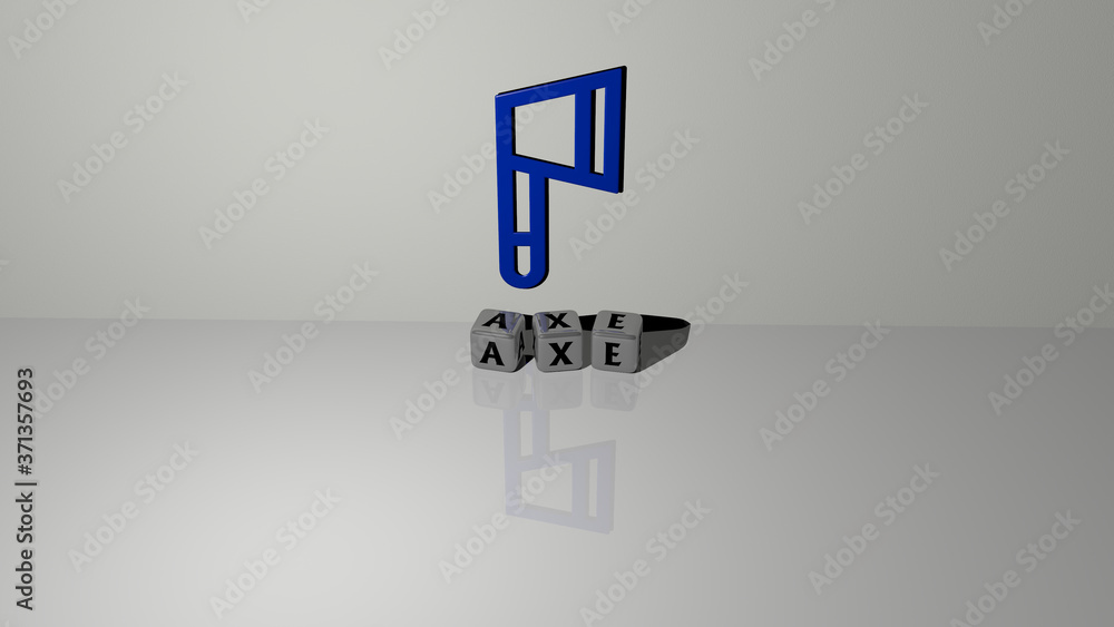 Poster axe text of cubic dice letters on the floor and 3d icon on the wall - 3d illustration for background