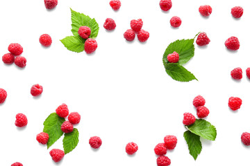 Frame made of ripe raspberries on white background