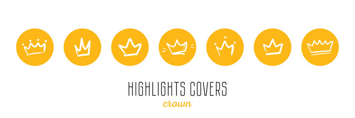 Set, collection of round, circle icons with crowns for social media stories, highlights covers. 