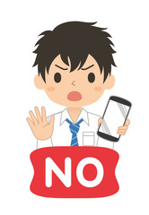 NOサインでスマホを持つ男の子のアイコン　高校生　中学生　イラスト