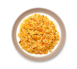 Plate with tasty pilaf on white background