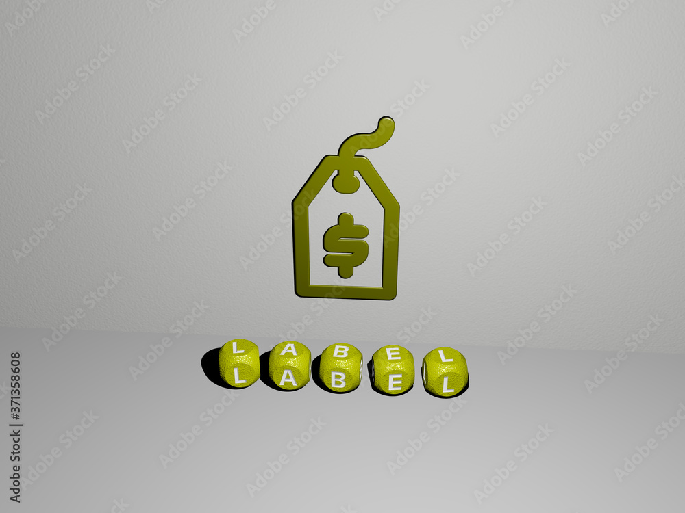 Poster label 3d icon on the wall and text of cubic alphabets on the floor - 3d illustration for design and 