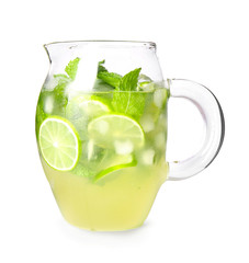 Jug of fresh mojito on white background