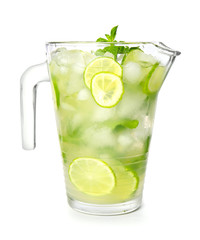 Jug of fresh mojito on white background