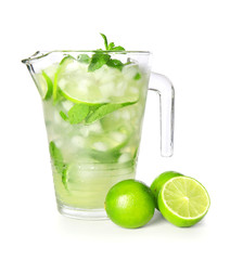 Jug of fresh mojito on white background