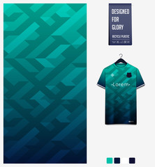 Green Blue gradient geometry shape abstract background. Fabric textile pattern design for soccer jersey, football kit, racing, e-sport, sport uniform. T-shirt mockup template design. Vector. © tondruangwit