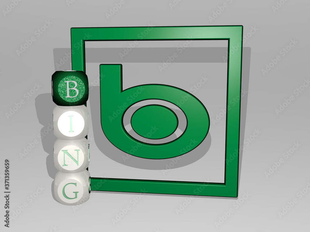 Poster 3d representation of bing with icon on the wall and text arranged by metallic cubic letters on a mir