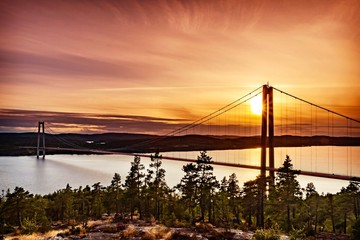 Sunset over high coast bridge in sweden