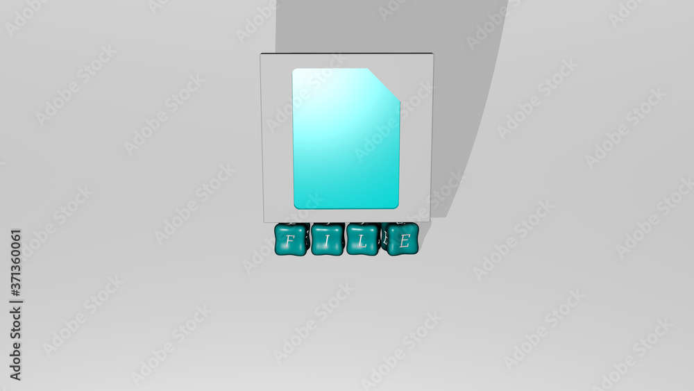 Poster 3d representation of file with icon on the wall and text arranged by metallic cubic letters on a mir