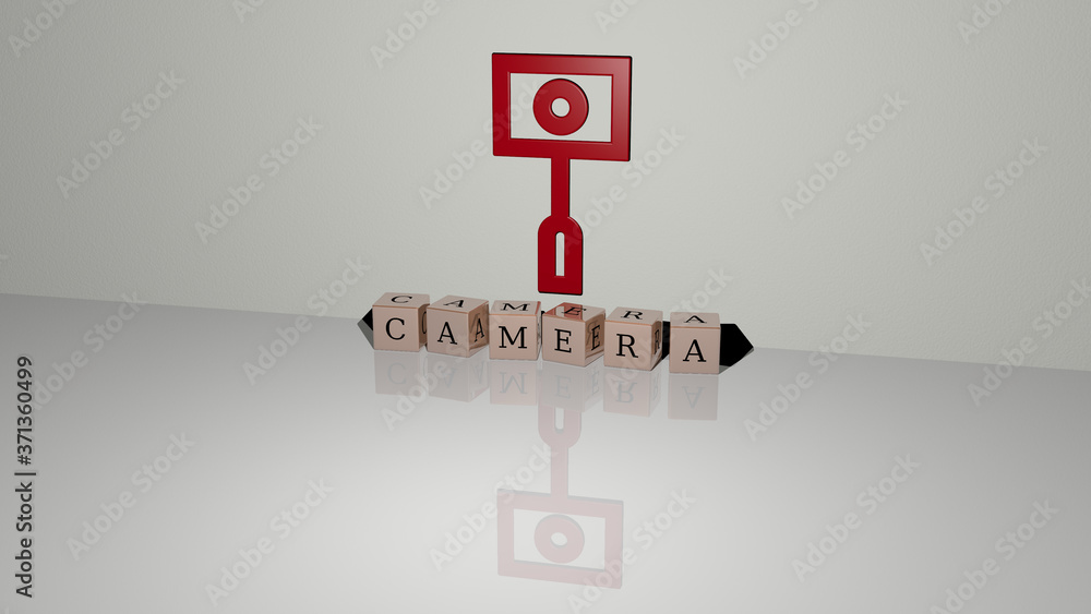 Poster camera text of cubic dice letters on the floor and 3d icon on the wall - 3d illustration for backgro