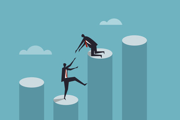 Business executive helps another to climb the pillars of business growth. Concept for team work