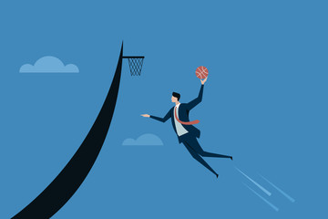 Business executive jumps high with a basketball to score points. Concept for achieving goals.