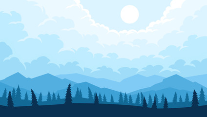 Mountains landscape with trees silhouettes in the foreground