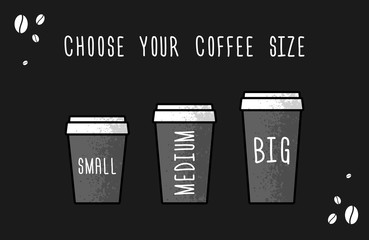Choose your coffee size. Vector flat illustration. Coffee shop or store advertising banner layout.