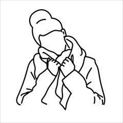 Autumn Cozy mood concept. line art female Wrapped up in her scarf, enjoying the autumn weather.abstraction. For your creative design. Modern hand drawn vector illustration isolated on white background